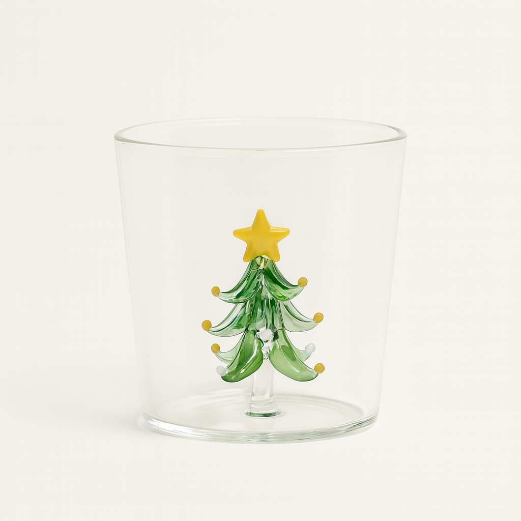 Коледна стъклена чаша с декоративна фигурка елха – 300 ml