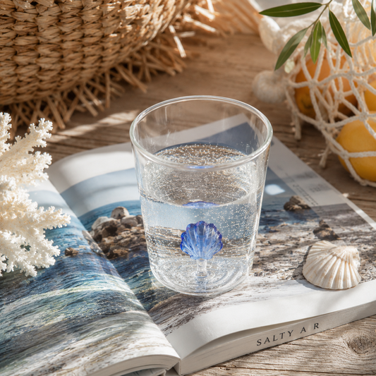 Прозрачна стъклена чаша с декоративна синя мидичка и газирана напитка, поставена върху отворено списание в слънчева морска обстановка с миди, плетени текстури и лятна coastal атмосфера.