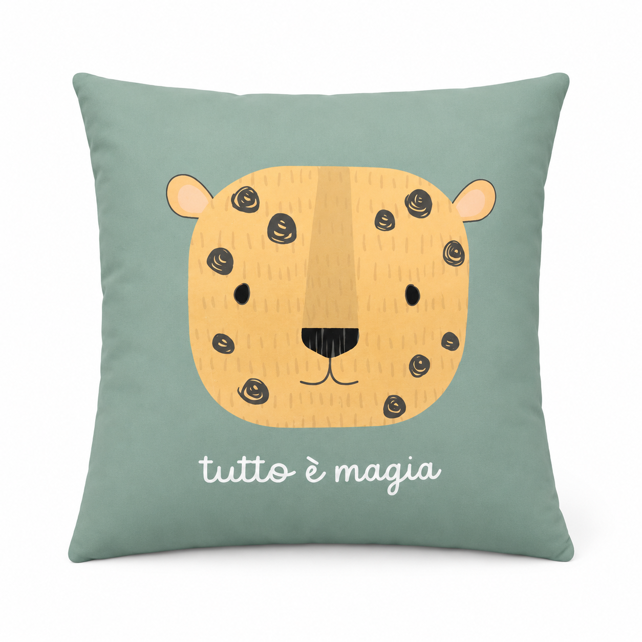 Детска декоративна възглавница с леопардче от едната страна и различен животински дизайн от другата страна, в зелен цвят.